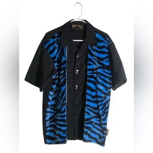 Casino Wear blue/black zebra print Rockabilly Martini Glass Button shirt Sz XL
